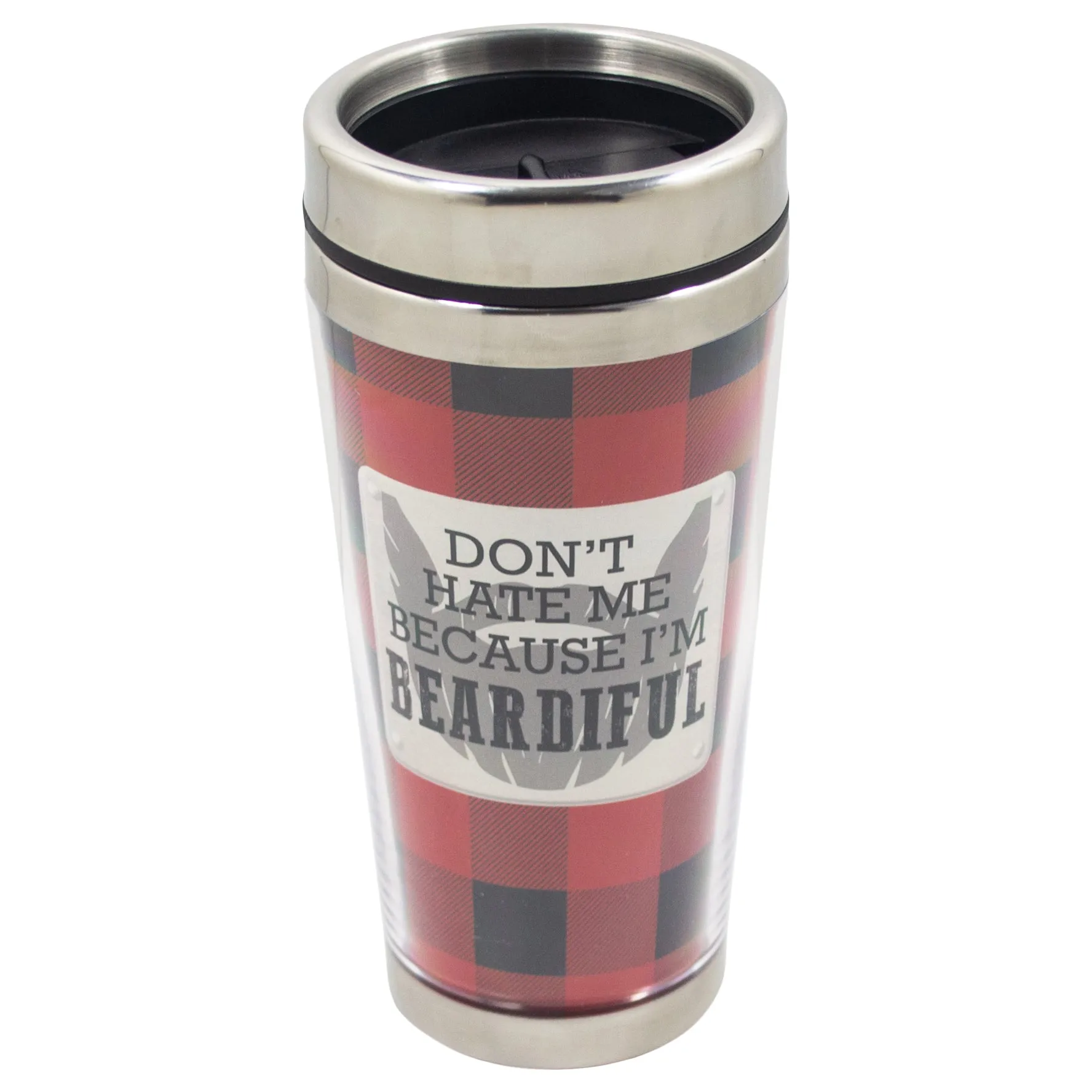 Because I'm Beardiful Buffalo Plaid 16 Ounce Stainless Steel Travel Tumbler Mug with Lid