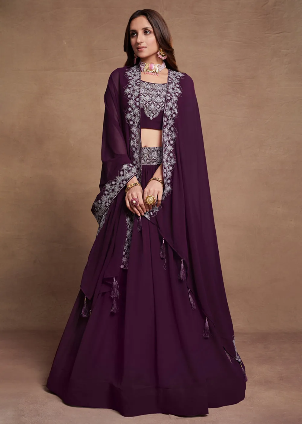 Blooming Georgette Purple Embroidered Festive Lehenga Choli