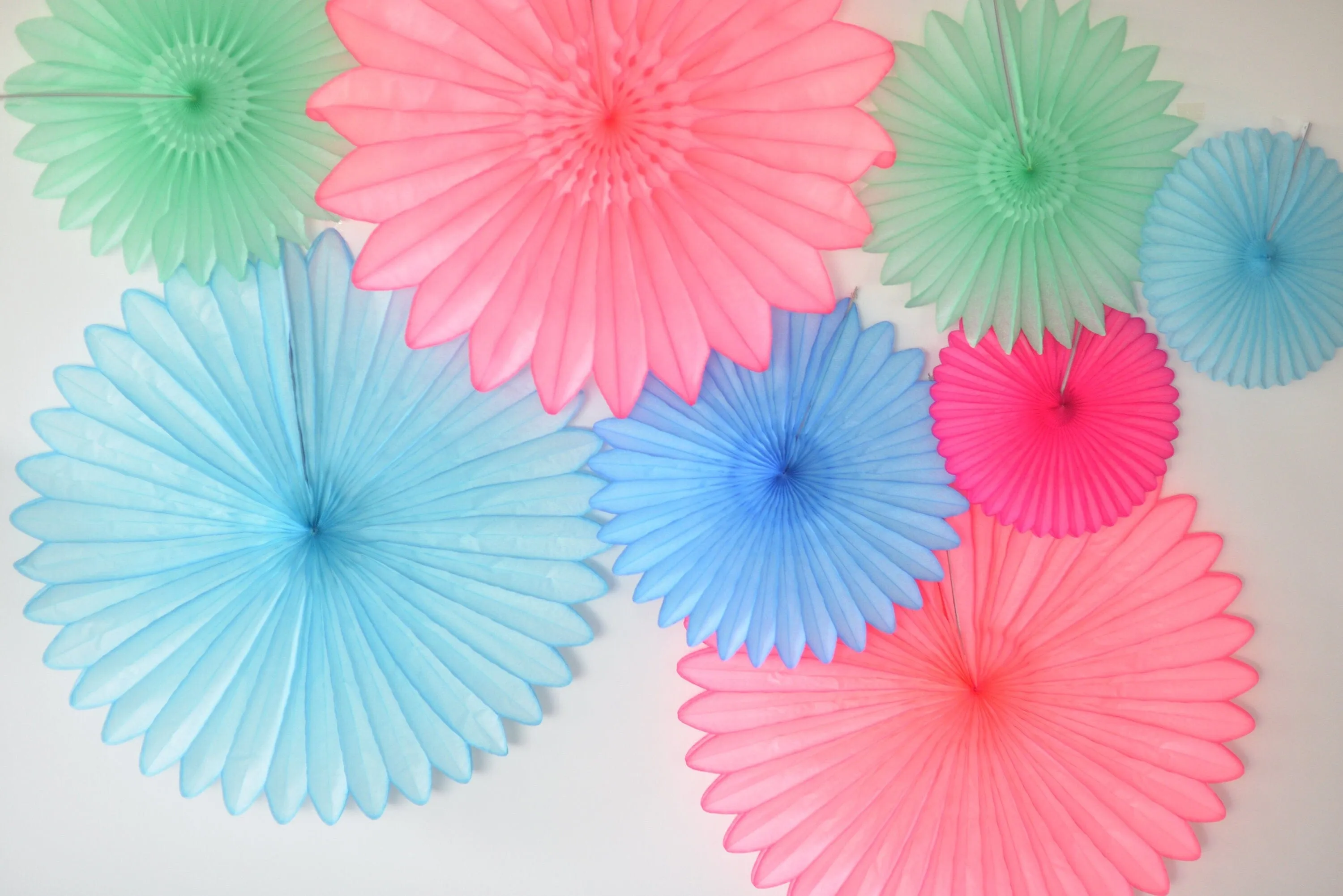 Bright colour Paper fan party decoration set - pink, blue and mint  - backdrop - with tassel garland - optional