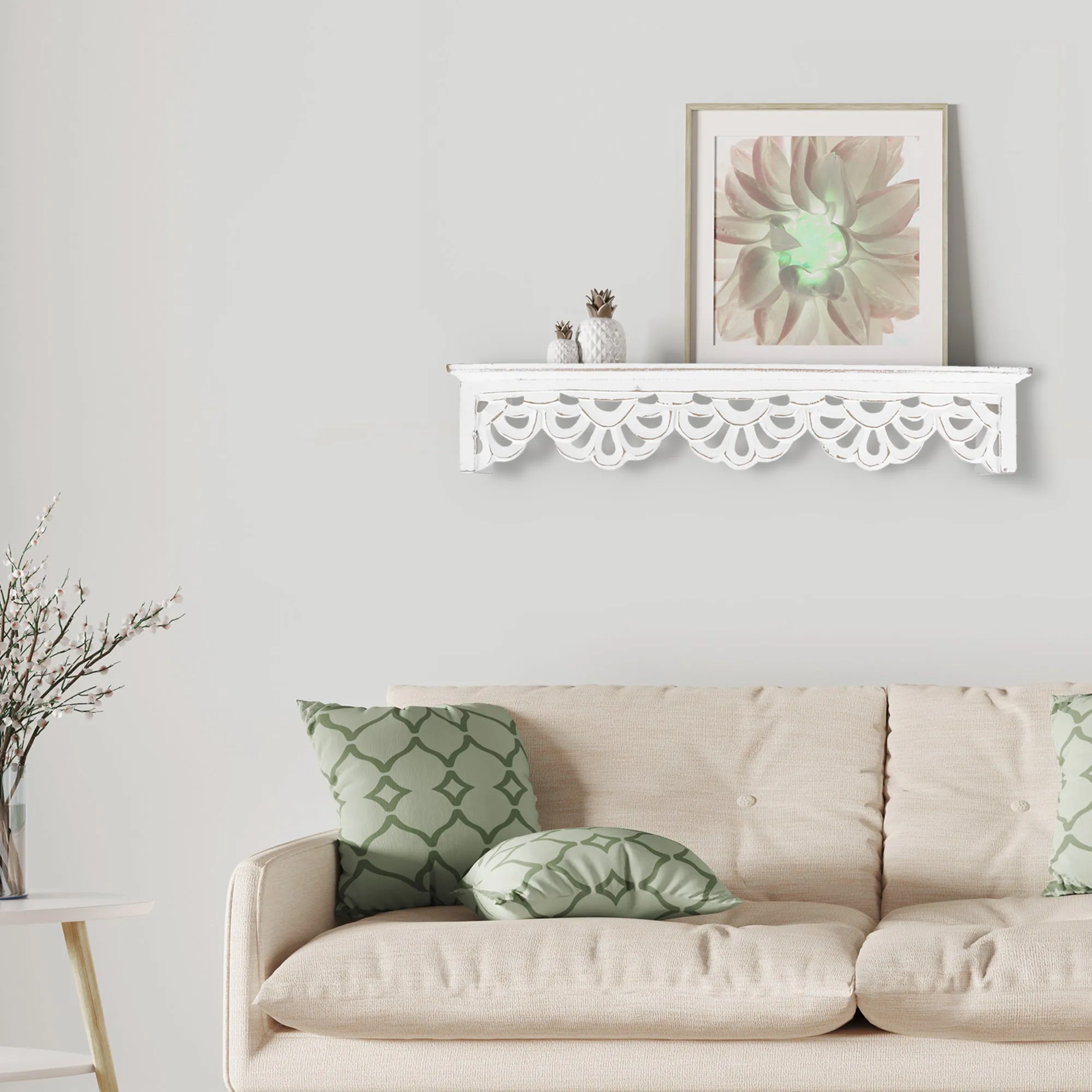 Carved Floral Medallion Wall Shelf - White