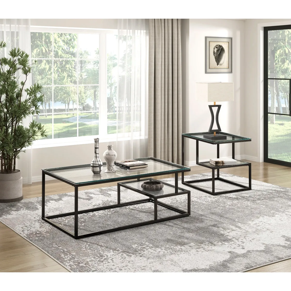 Contemporary Glass & Black Metal Coffee Table - Geometric Design