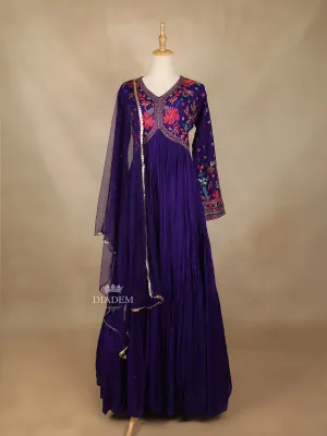 Dark Purple Floral Embroidery Gown and Net Dupatta