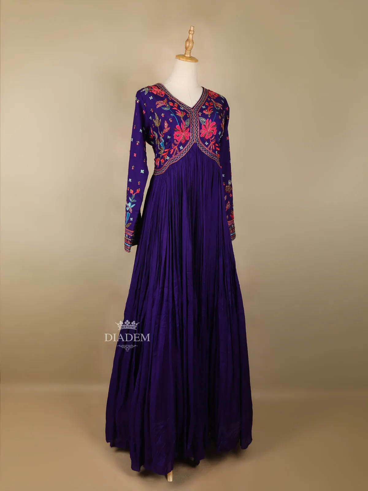 Dark Purple Floral Embroidery Gown and Net Dupatta