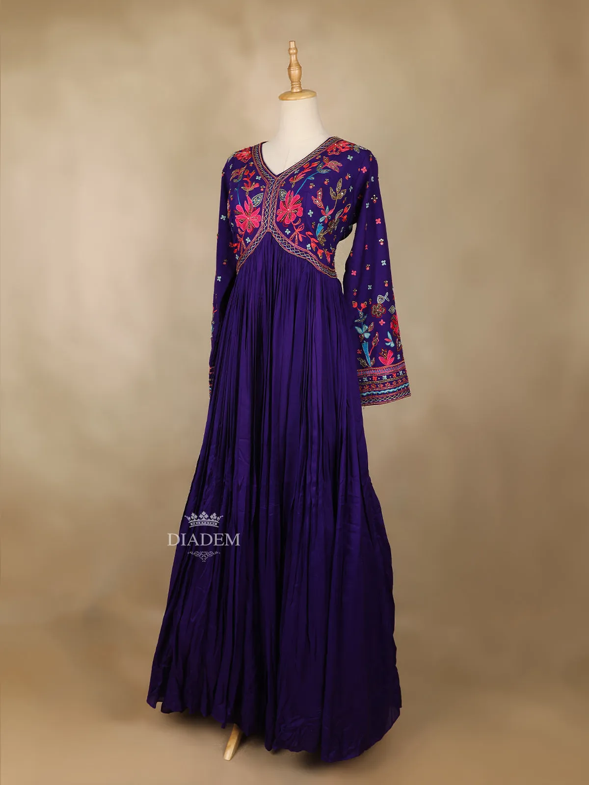 Dark Purple Floral Embroidery Gown and Net Dupatta