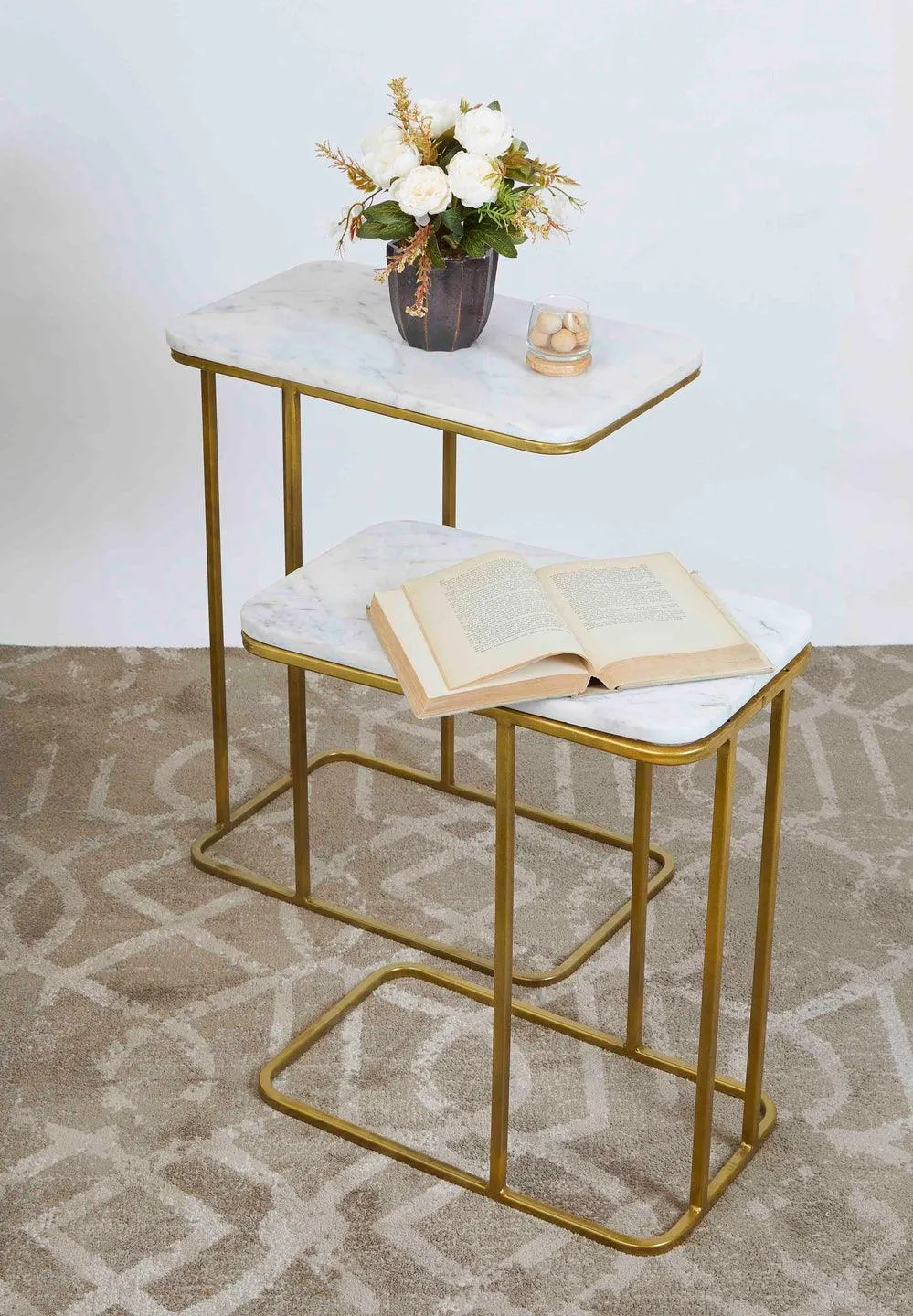 ELEGANT Sofa Side Golden Rectangular Nesting Tables - Modern Marble Top