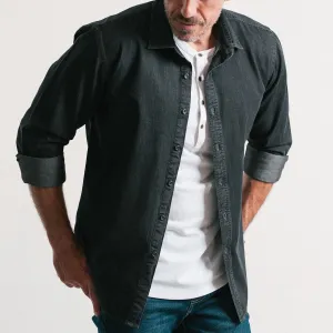 Essential Spread Collar Casual Shirt - Black Cotton Denim