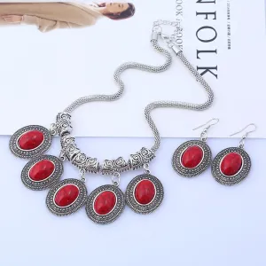 Fashion Jewelry Retro Alloy National Wind Turquoise Necklace Earrings Set