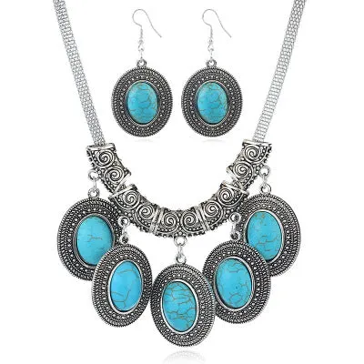 Fashion Jewelry Retro Alloy National Wind Turquoise Necklace Earrings Set