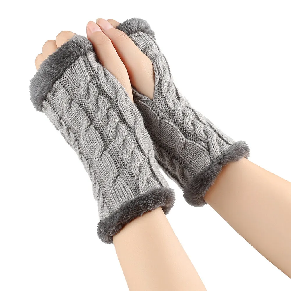 Fleece-lined Fluffy Gloves Twist Knitted Finger Leakage