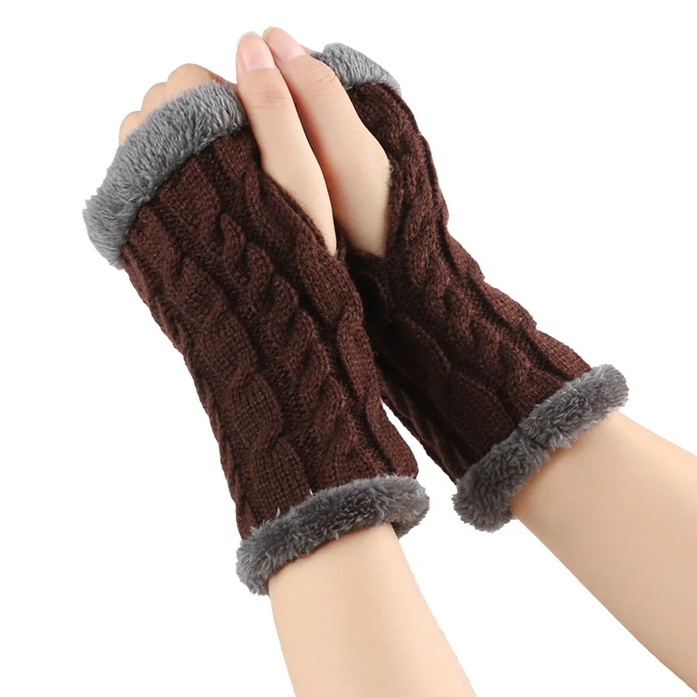 Fleece-lined Fluffy Gloves Twist Knitted Finger Leakage