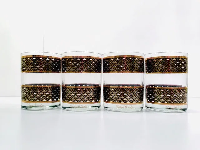 Georges Briard Signed Mid-Century Gold and Black Weave Double Old Fashion Glasses (Set of 4)