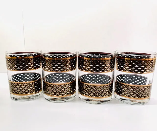 Georges Briard Signed Mid-Century Gold and Black Weave Double Old Fashion Glasses (Set of 4)