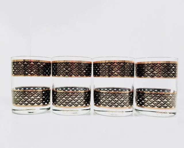 Georges Briard Signed Mid-Century Gold and Black Weave Double Old Fashion Glasses (Set of 4)