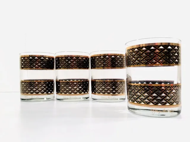 Georges Briard Signed Mid-Century Gold and Black Weave Double Old Fashion Glasses (Set of 4)