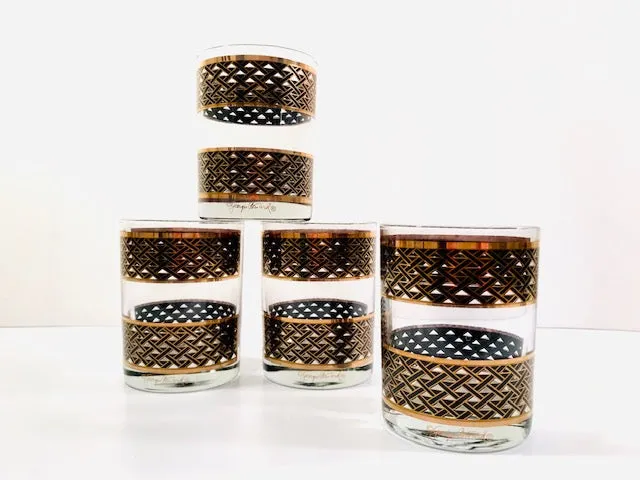 Georges Briard Signed Mid-Century Gold and Black Weave Double Old Fashion Glasses (Set of 4)