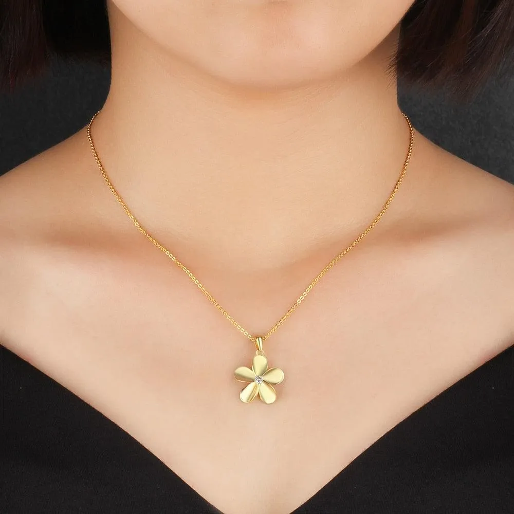 Gold Color Flower Pendant Necklace for Women with Zirconia