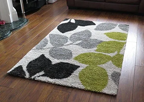 Green Leaf Floral Patterned Shaggy Rug-160x230cm