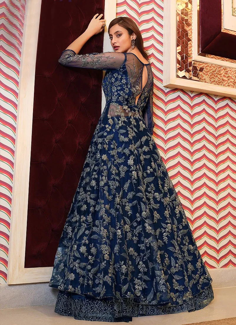 Navy Blue Lehenga Style Sequins Embroidered Anarkali Suit