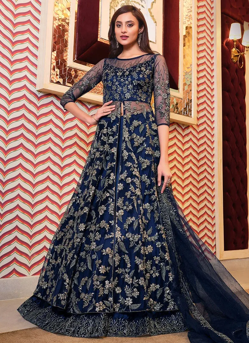 Navy Blue Lehenga Style Sequins Embroidered Anarkali Suit