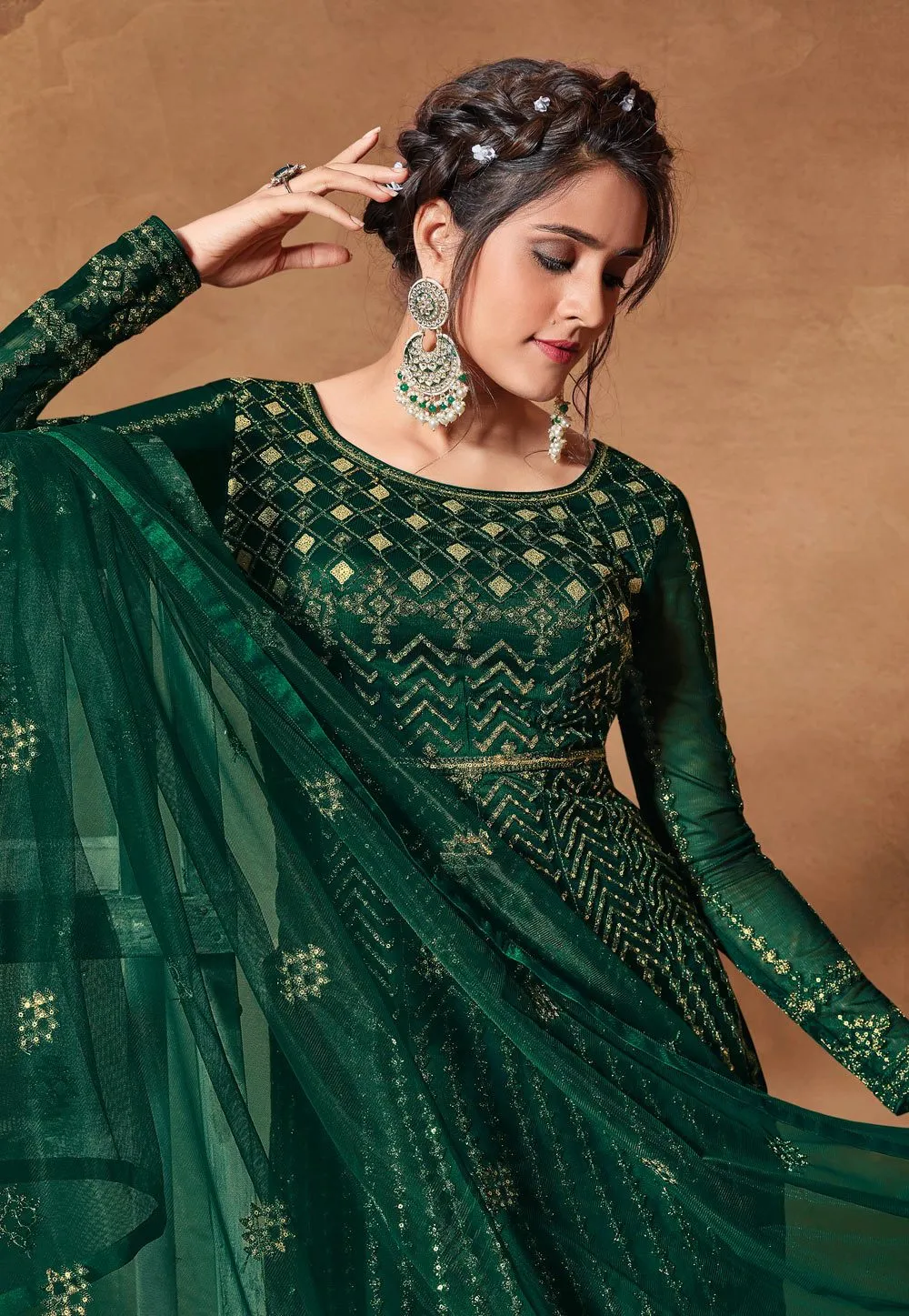 Royal Green Net Embroidered Floor Length Anarkali Suit