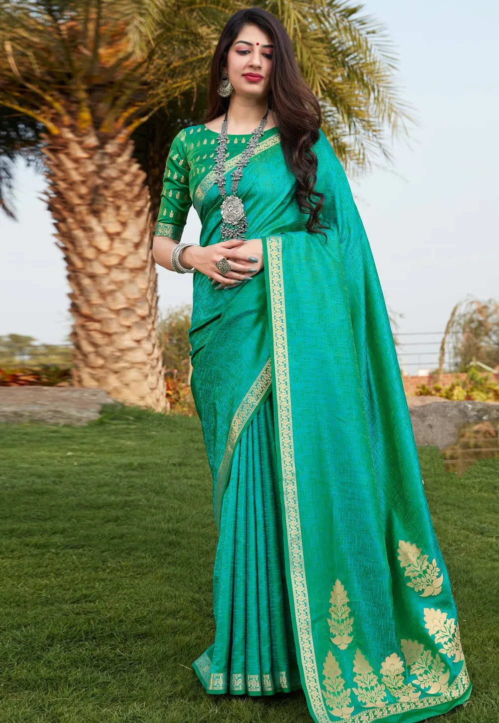 Turquoise Green Banarasi Woven Silk Traditional Saree