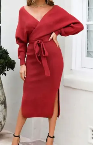 Women’s knitted slim v-neck sweater dress