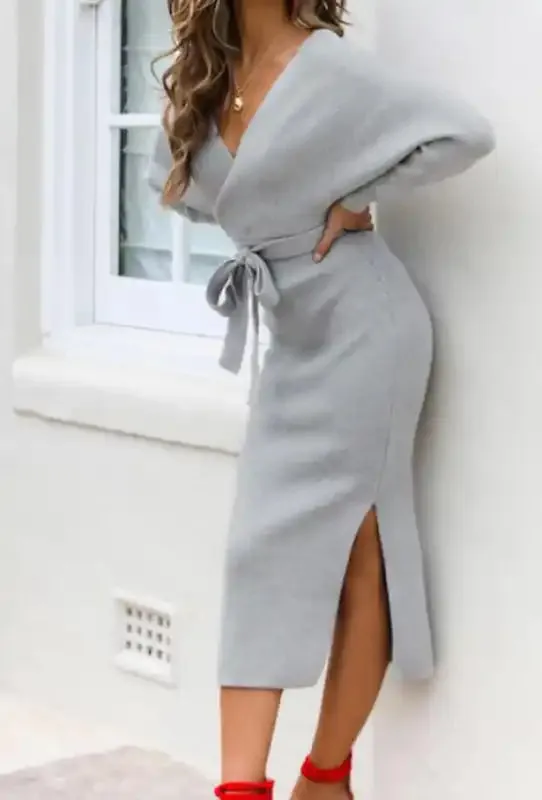 Women’s knitted slim v-neck sweater dress